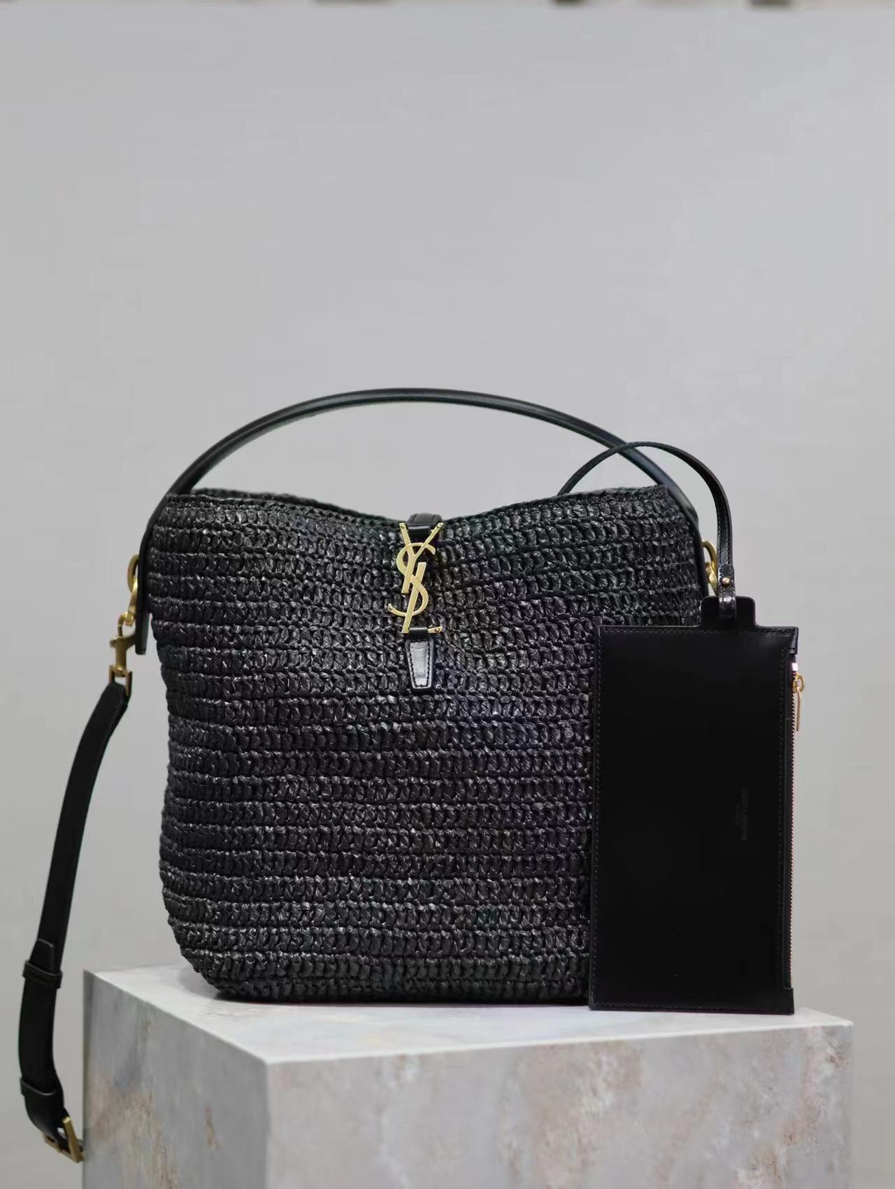Sa1nt Lau*nt Le 37 leather-trimmed raffia bucket bag
