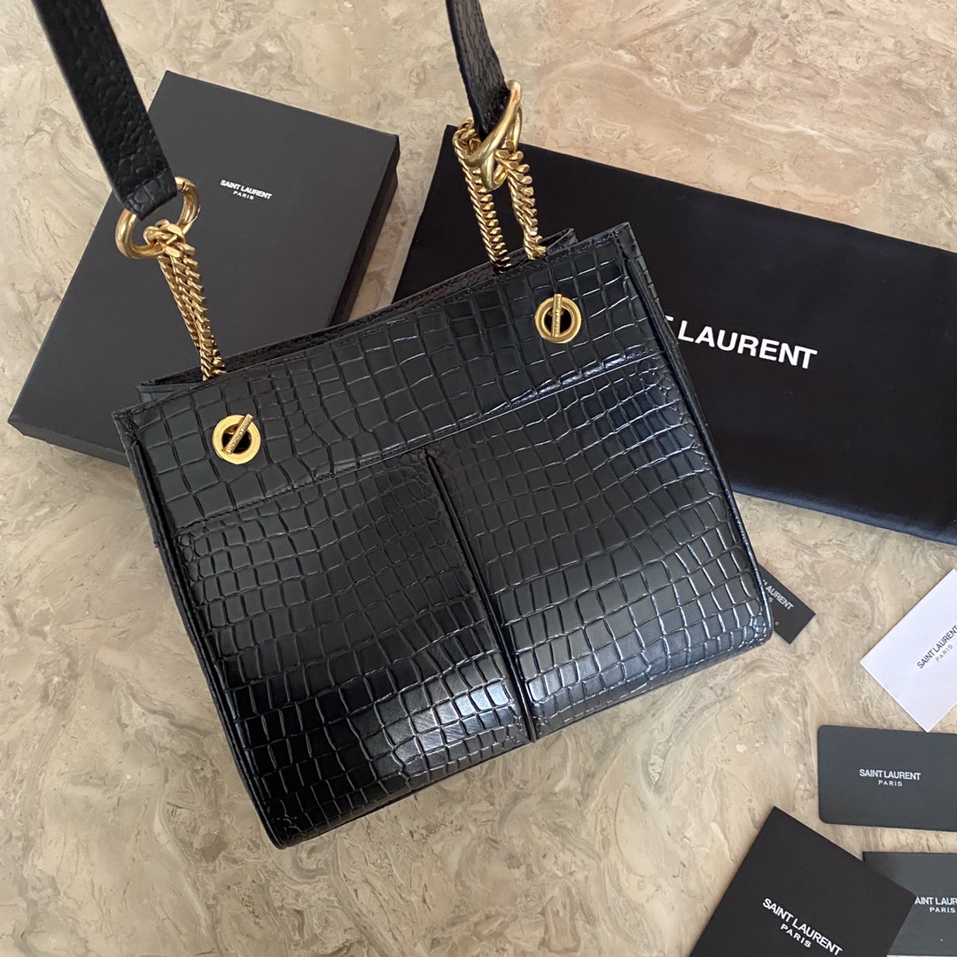 Y51 Sa1nt Lau*nt classic reproduction crocodile pattern shopping bag with detachable chain, bronze metal chain