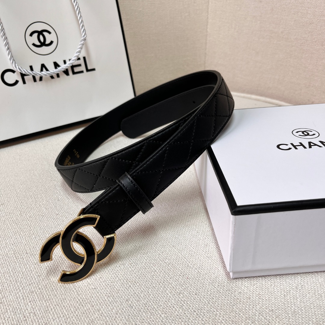 Black Quilted Leather CC Logo Belt