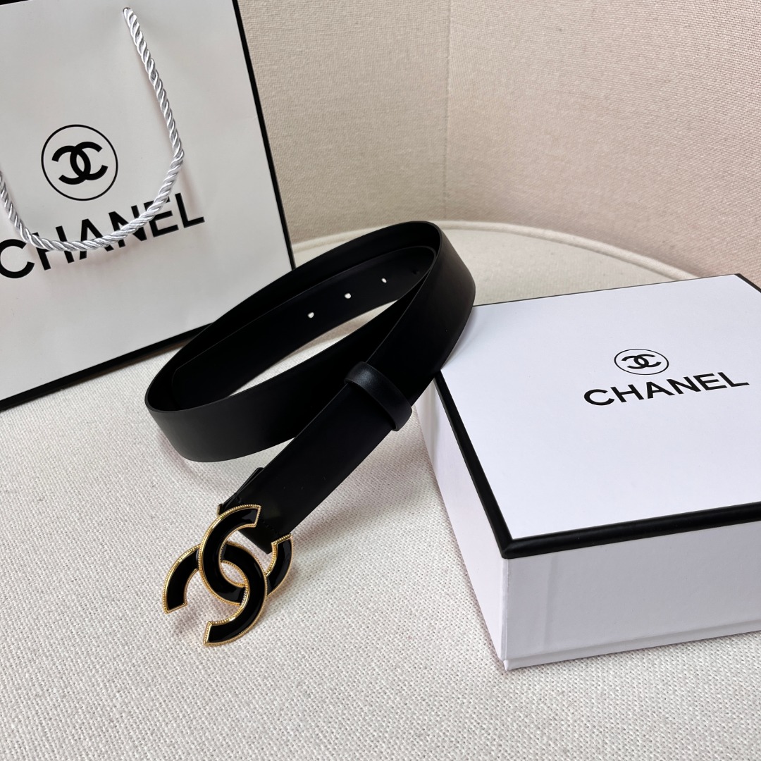 Black Quilted Leather CC Logo Belt
