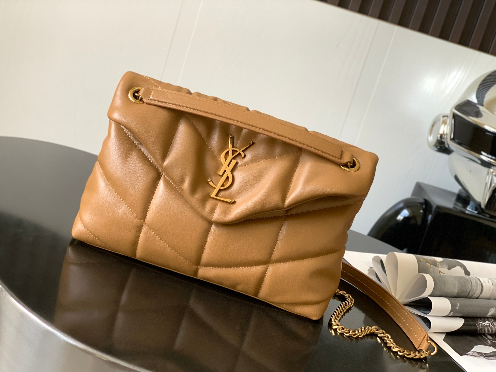 PUFFER SMALL CHAIN BAG IN VELVET AND SMOOTH LEATHER