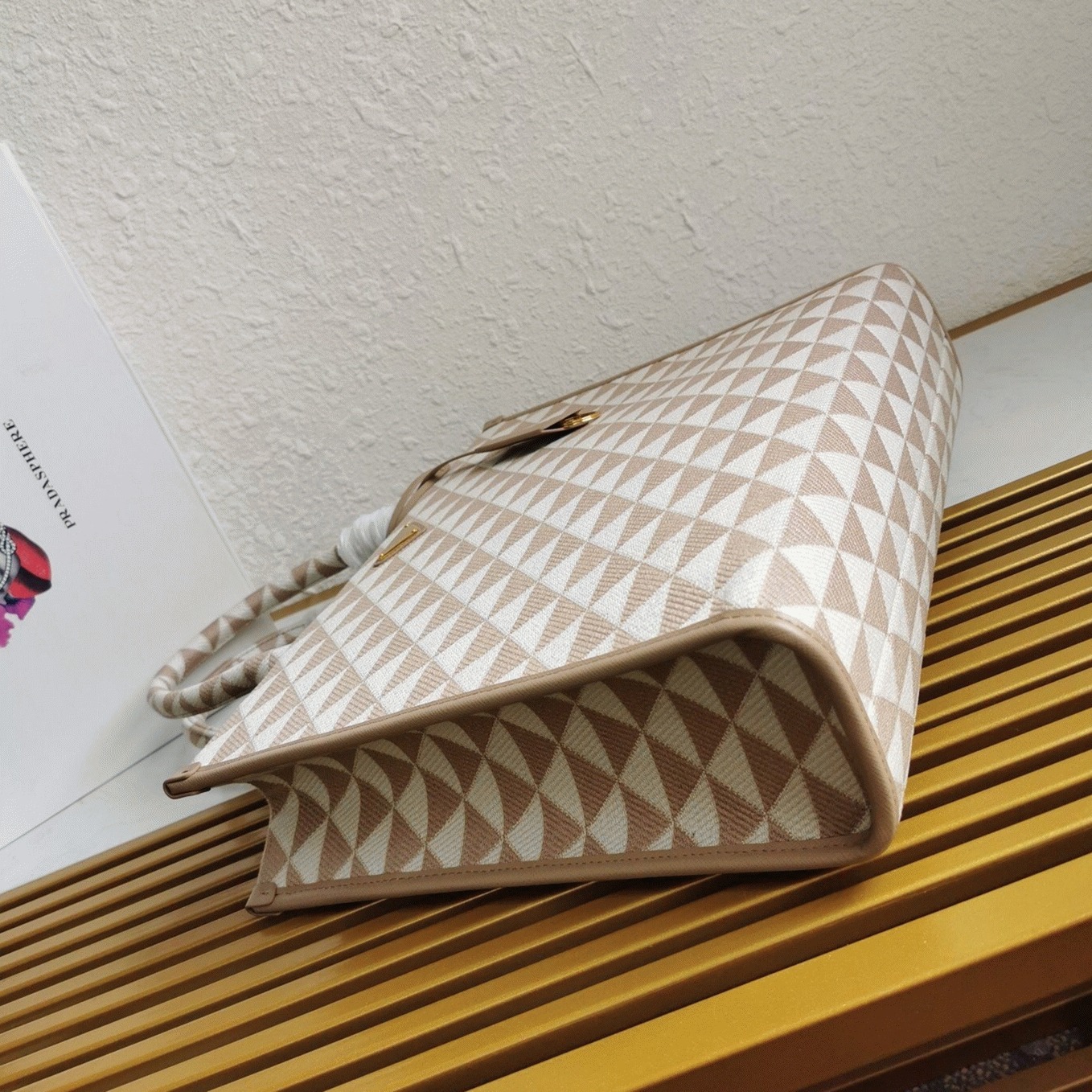 Pra*a Symbole Large Bag Knockoff in Beige/White Jacquard Fabric