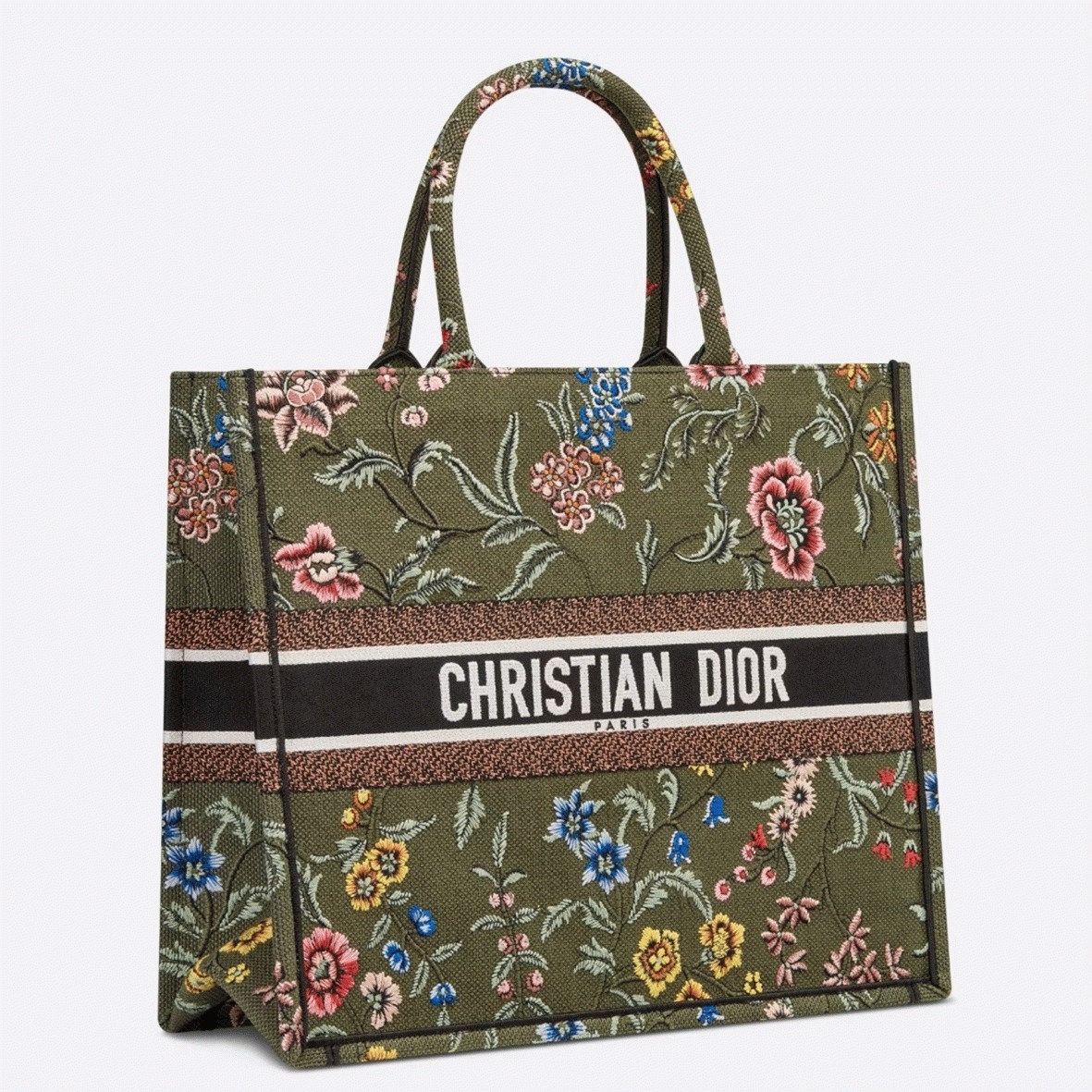 D10r Large Book Tote Bag Imitation in Green D10r Petites Fleurs Embroidery