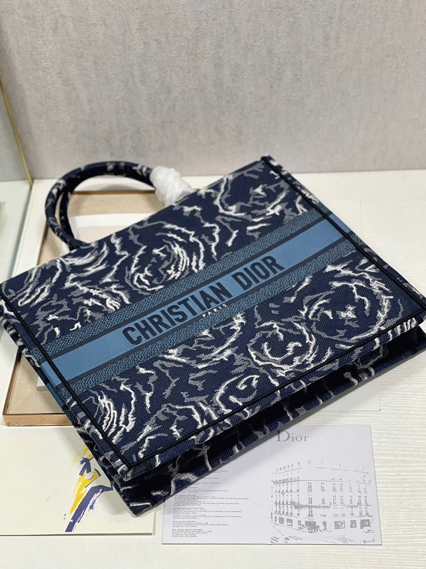 D10r Large Book Tote Bag Replica in Blue D10r Roses Embroidery