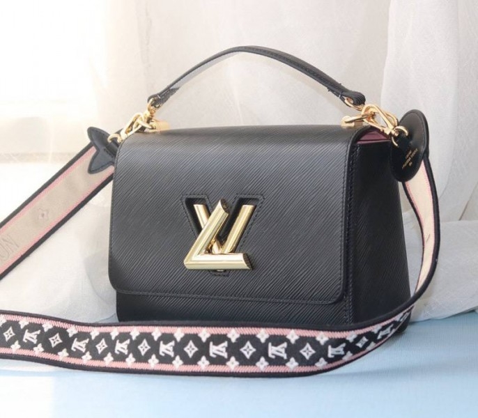 L0vis Vvtt0n Epi Leather Twist MM Handbag In Black With Embroidered Strap