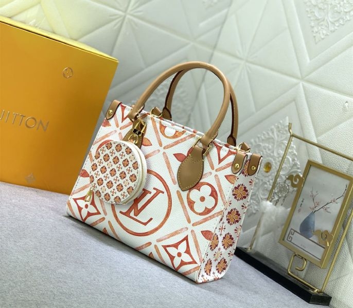 L0vis Vvtt0n LV By The Pool Monogram Tiles Canvas Onthego PM Tote In Coral