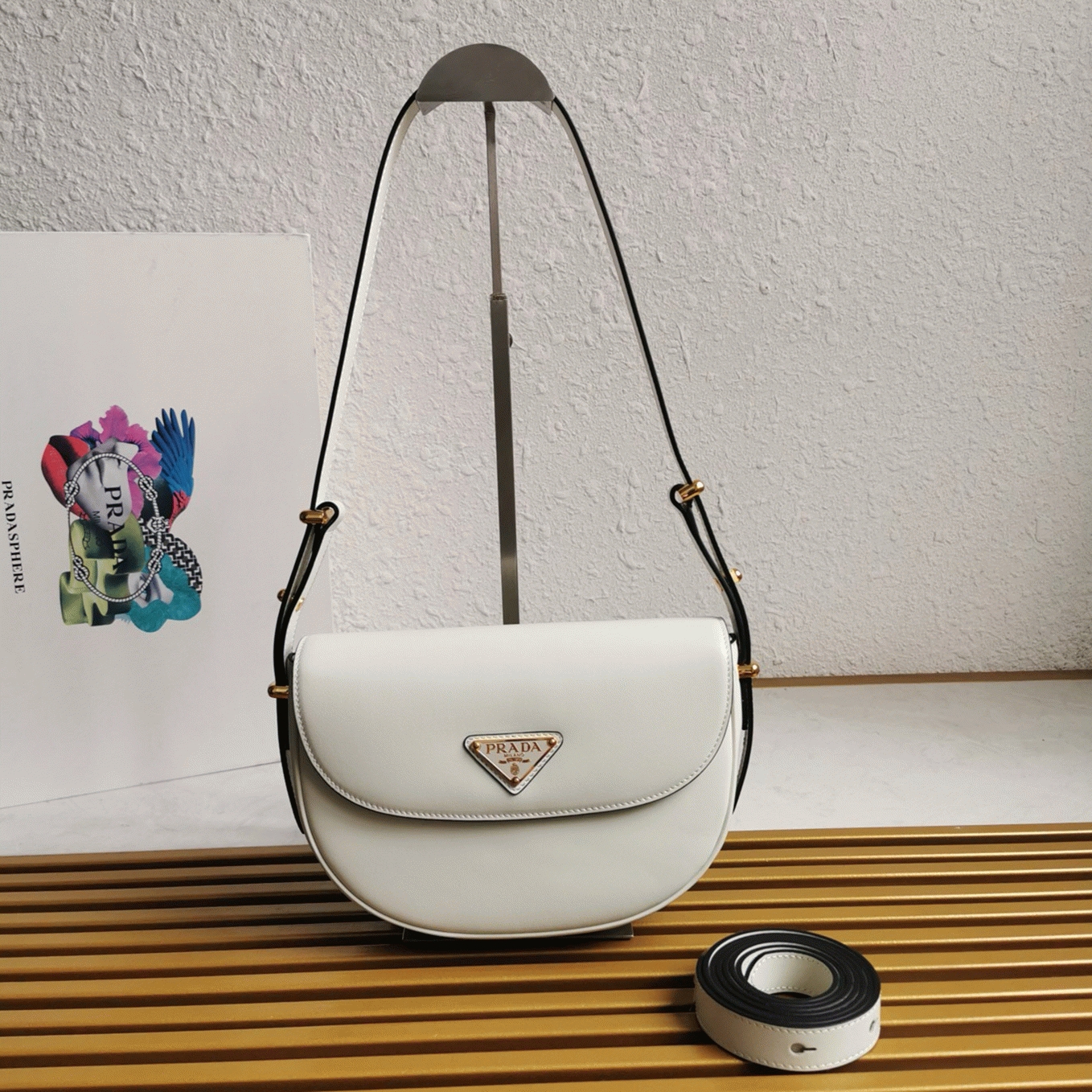 White Pra*a Arque Shoulder Bag with Flap Replica
