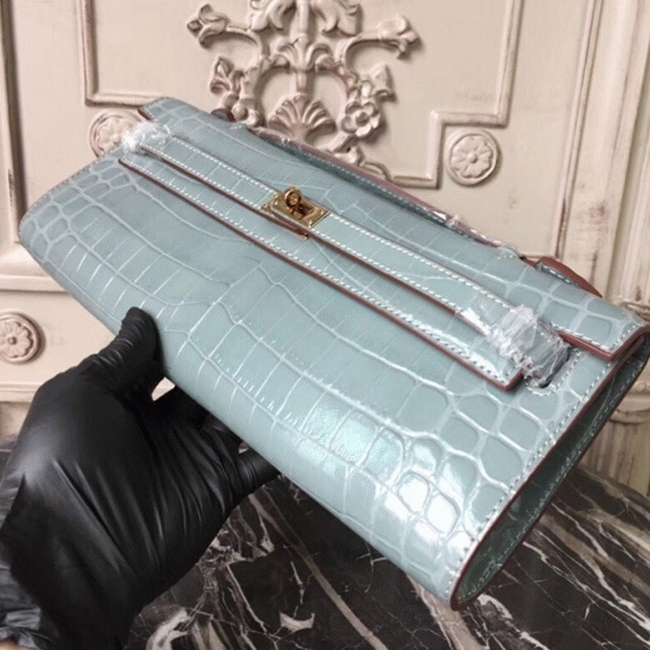 Blue Lin Crocodile Copy H**me5 Kelly Cut Clutch Elegant Purse