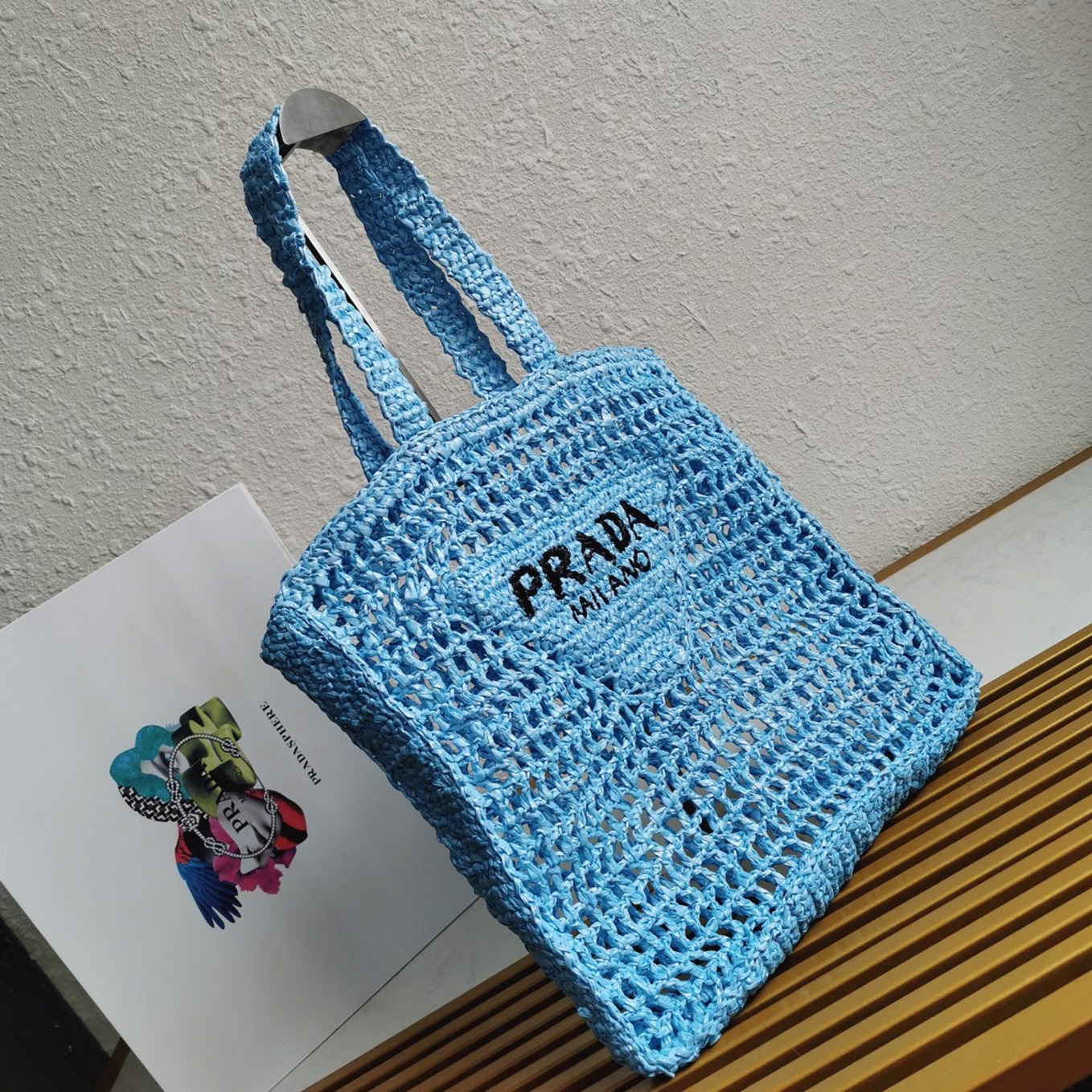 Pra*a Small Tote Bag Knockoff in Blue Woven Raffia