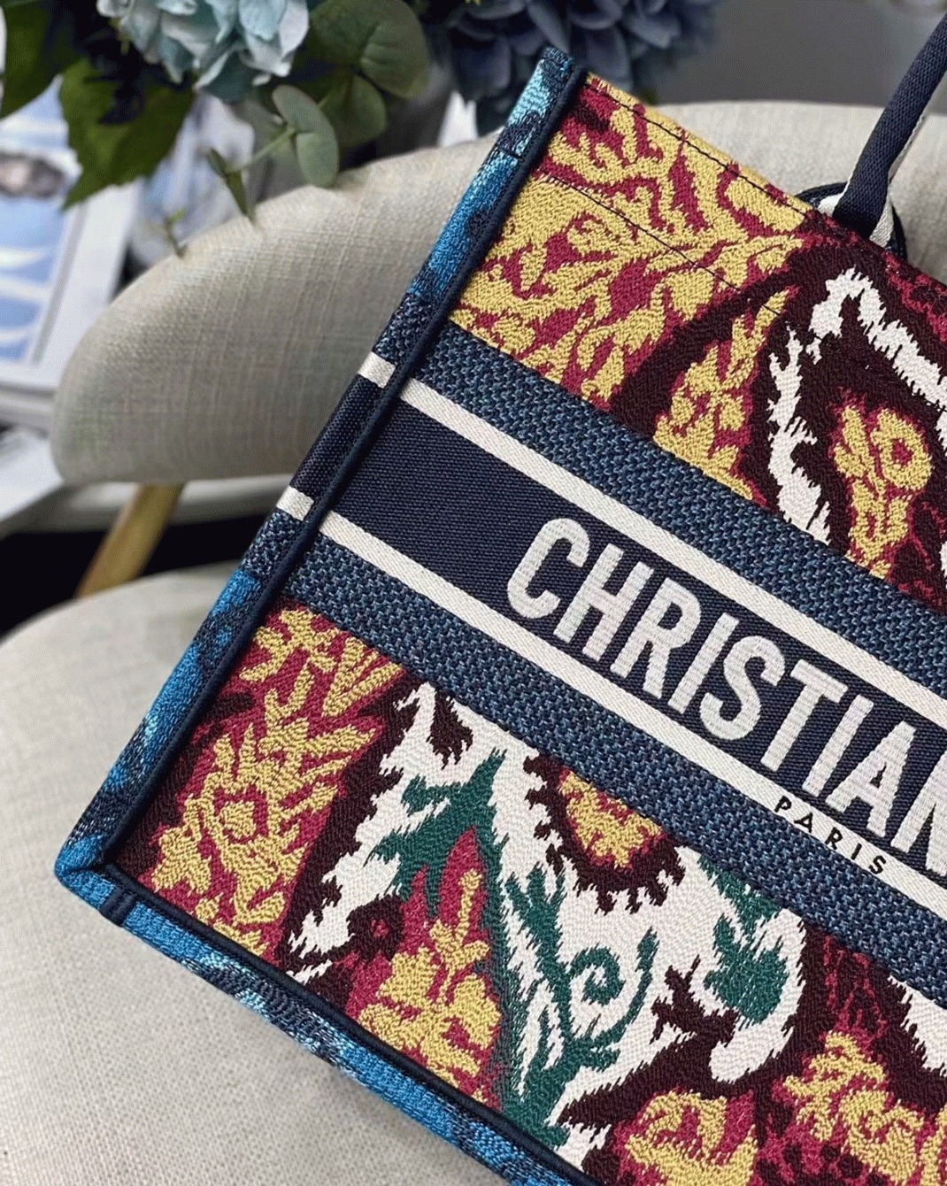 D10r Medium Book Tote Bag Replica in Blue Multicolor D10r Paisley Embroidery