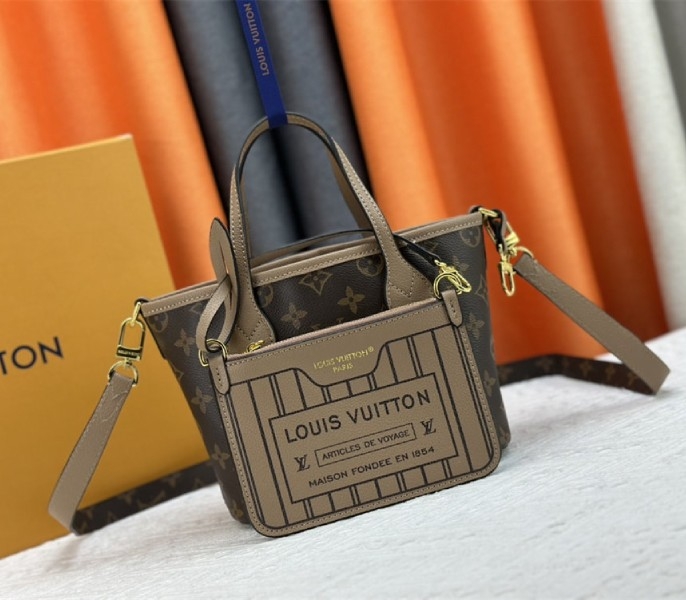 L0vis Vvtt0n Neverfull Bandouliere Inside Out BB Tote In Monogram Canvas And Khaki Green Leather