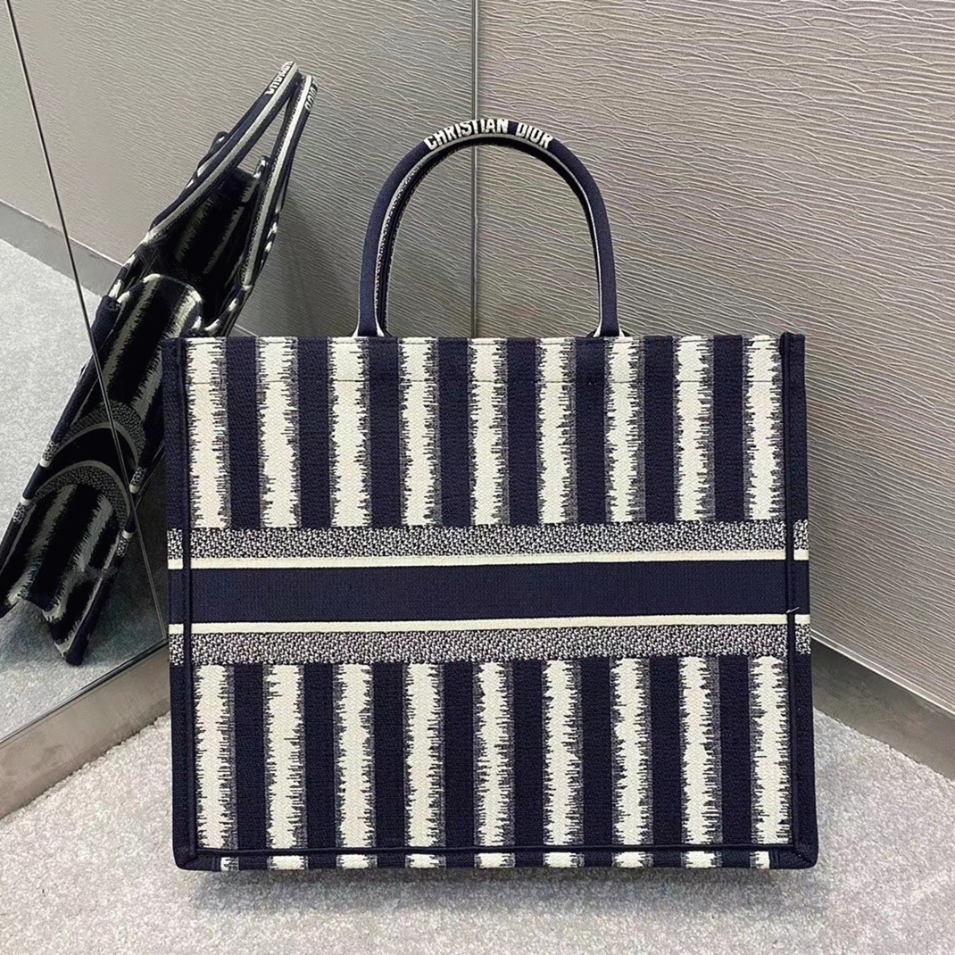 D10r Large Book Tote Bag Replica in Blue Stripes Embroidery