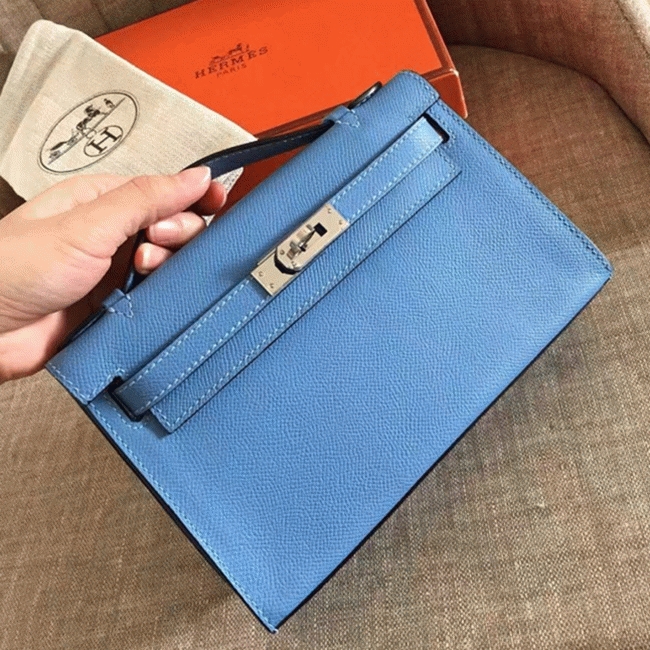 Celeste Epsom Knockoff H**me5 Kelly Pochette Light Blue Clutch
