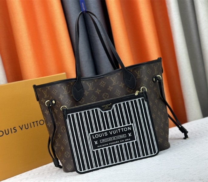 L0vis Vvtt0n Neverfull Bandouliere Inside Out MM Tote In Monogram Canvas And Black Leather
