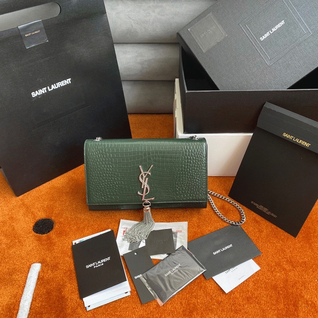 Replica Sa1nt Lau*nt Kate Medium Tassel Bag Green Crocodile-embossed Leather