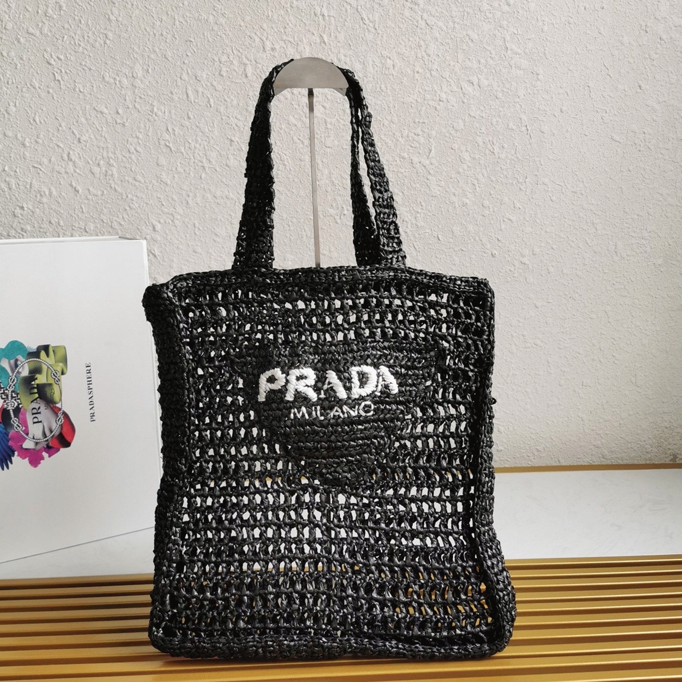 Pra*a Small Tote Bag Replica in Black Woven Raffia
