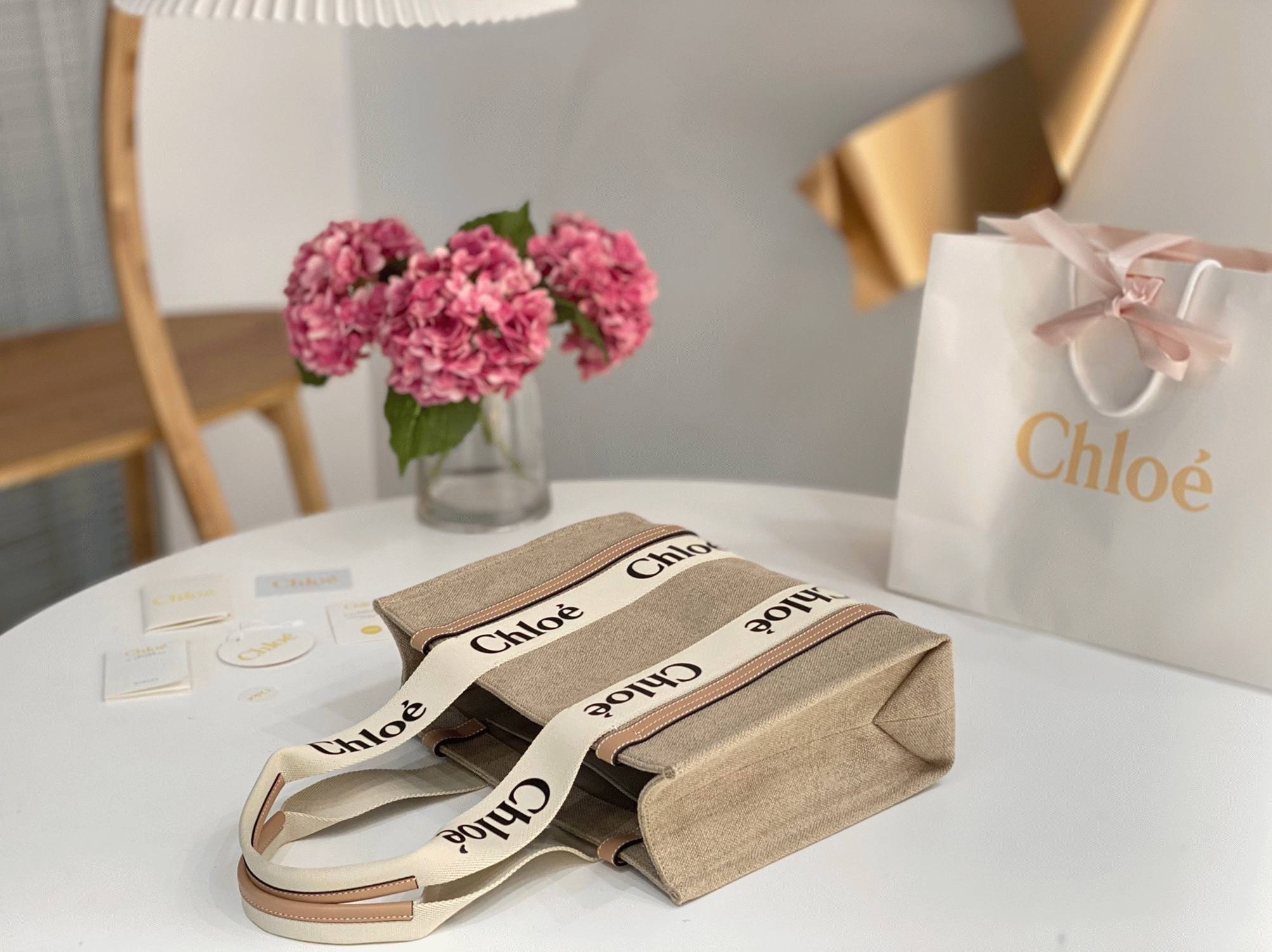 top quality fake Ch10e woody medium tote bag in linen canvas with beige leather