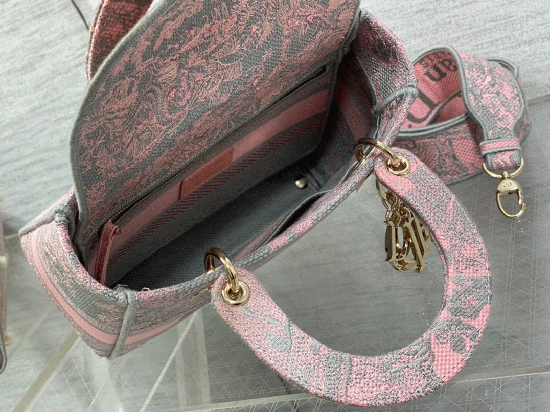 D10r Lady D-Lite Medium Bag Knockoff in Grey and Pink Toile de Jouy Reverse Embroidery