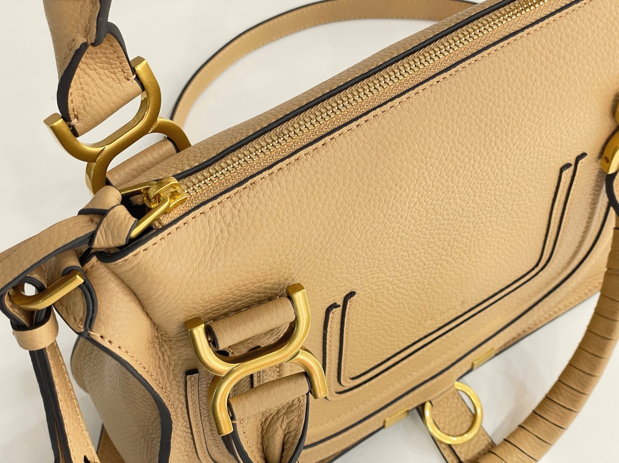 top quality fake Ch10e marcie small double carry bag in beige grained leather