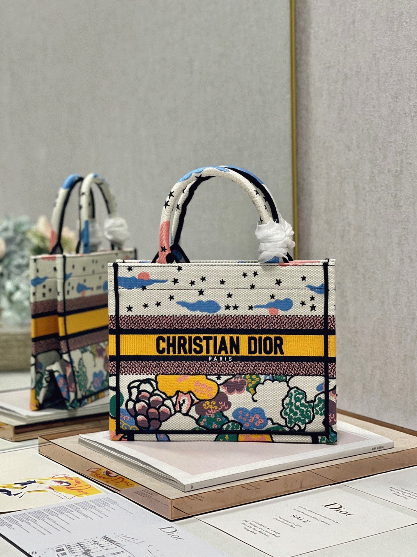 D10r Large Book Tote Bag Faux in White Pixel Zodiac Embroidery