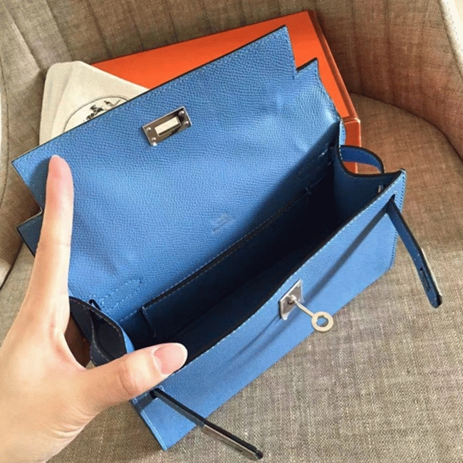 Celeste Epsom Knockoff H**me5 Kelly Pochette Light Blue Clutch
