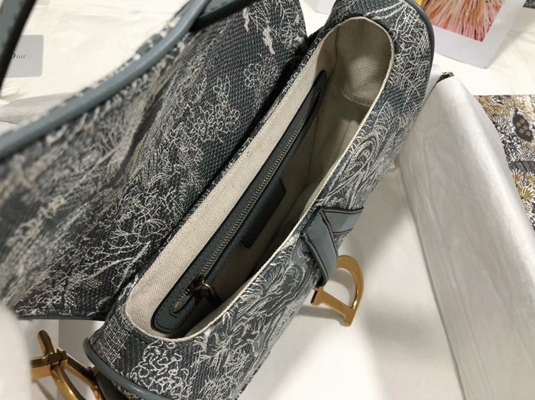D10r Saddle Bag Faux in Grey Toile de Jouy Reverse Jacquard