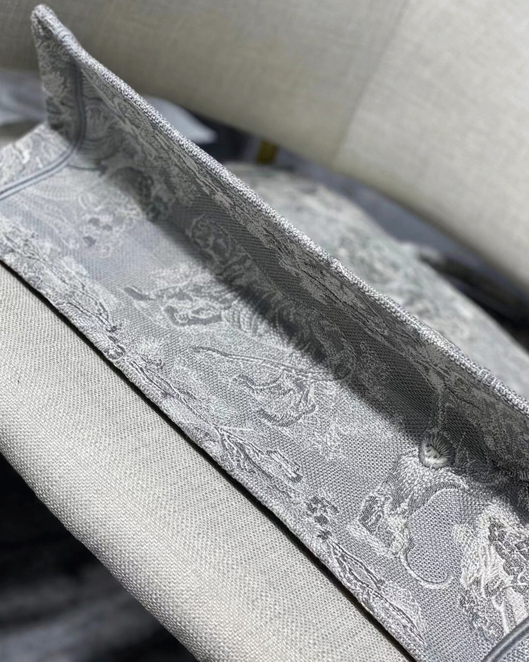 D10r Large Book Tote Bag Knockoff in Gray Toile de Jouy Reverse Embroidery