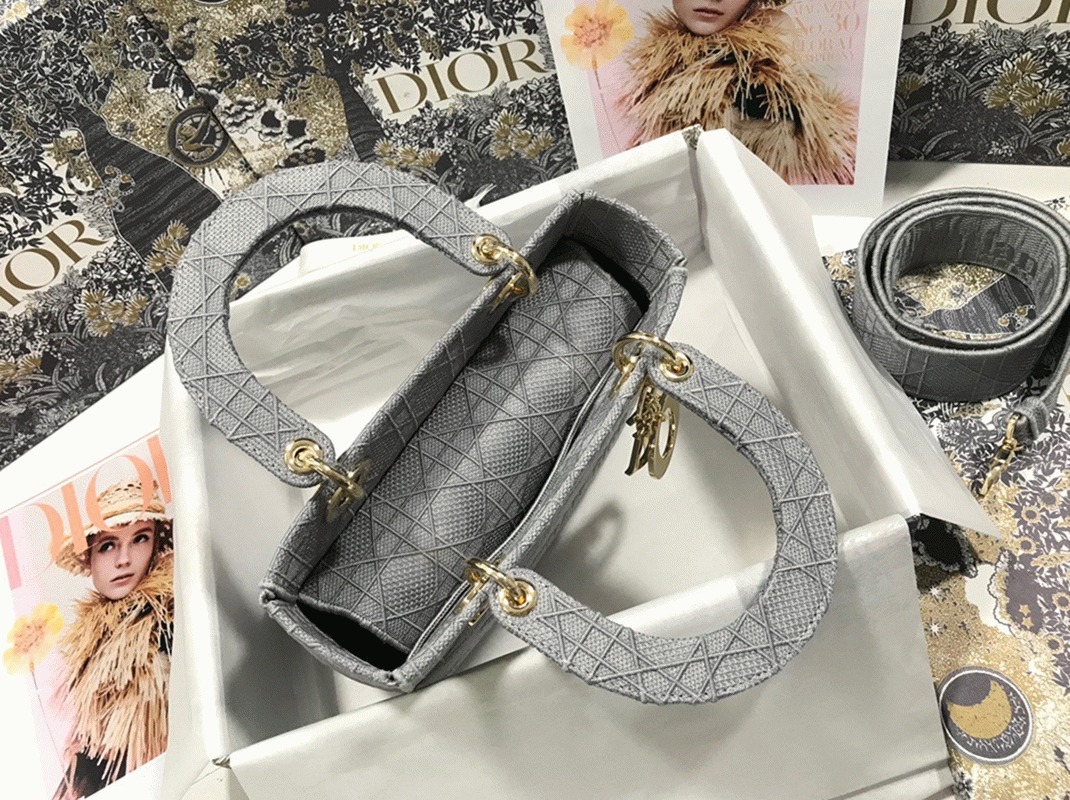 D10r Lady D-Lite Medium Bag Faux in Grey Cannage Embroidered Canvas