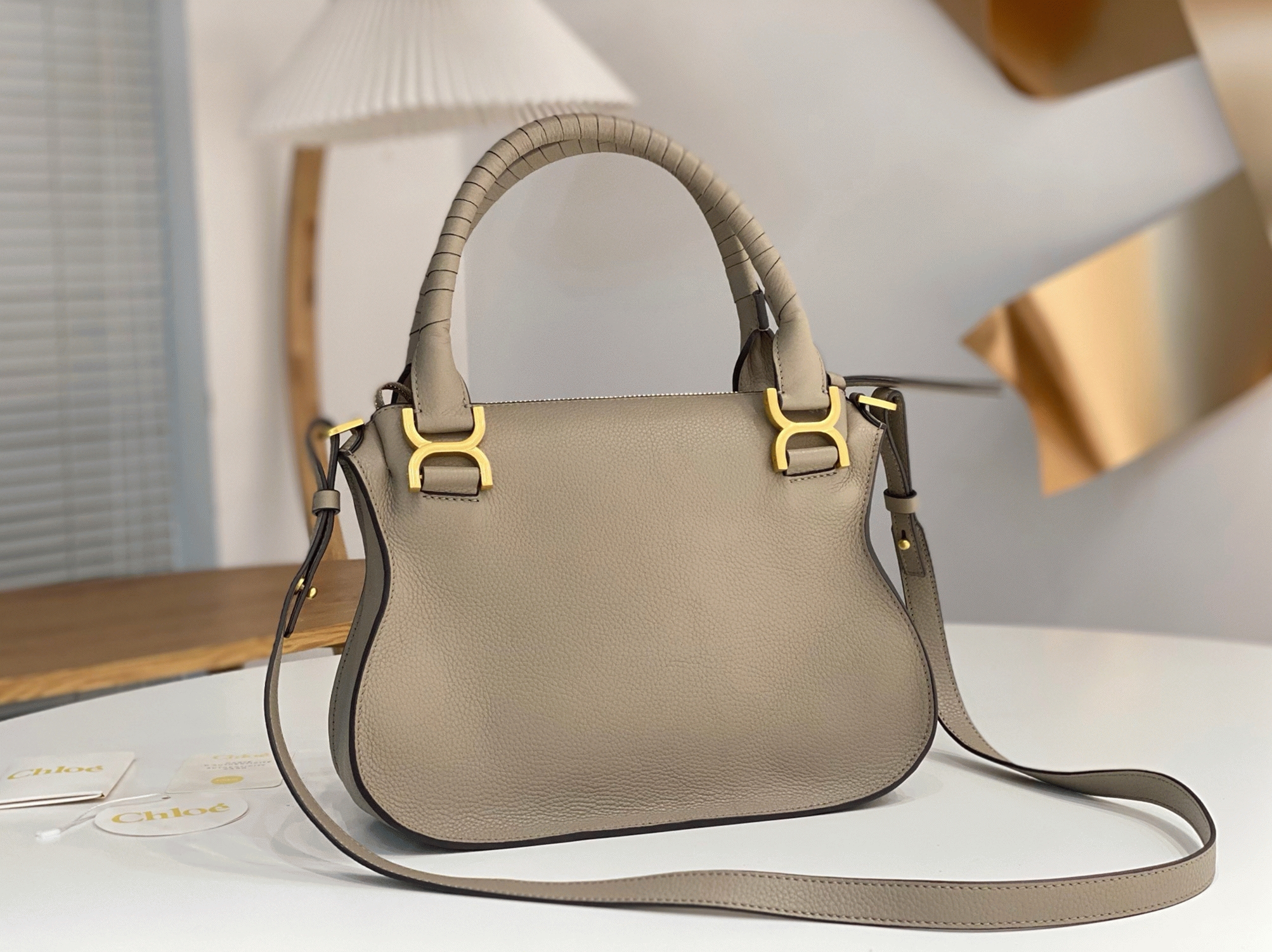 top quality faux Ch10e marcie small double carry bag in sand grained leather