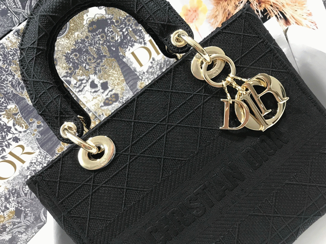 D10r Lady D-Lite Medium Bag Replica in Black Cannage Embroidered Canvas