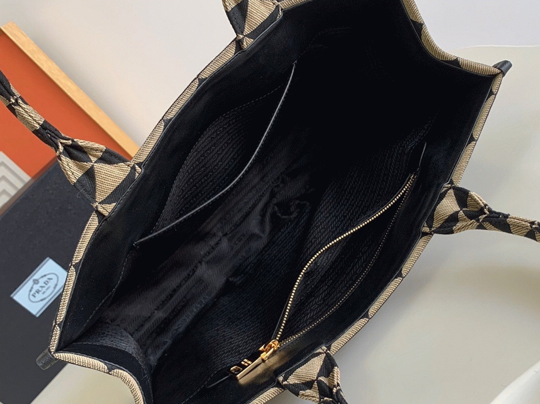 Pra*a Symbole Large Bag Knockoff in Black/Beige Jacquard Fabric