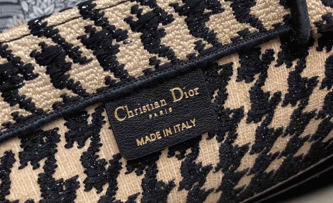 D10r Large Book Tote Bag Replica in Beige Houndstooth Embroidery Canvas