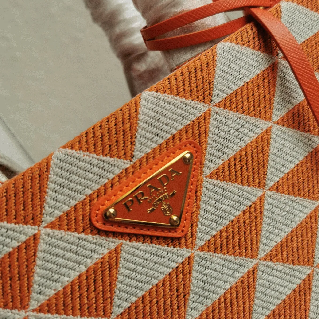 Pra*a Symbole Small Bag Fake in Orange/White Jacquard Fabric