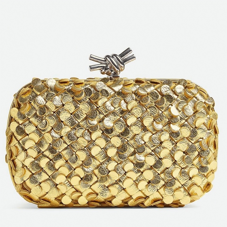 Fake B0tt*ga Ven*ta Knot Minaudiere Clutch Gold Sequins