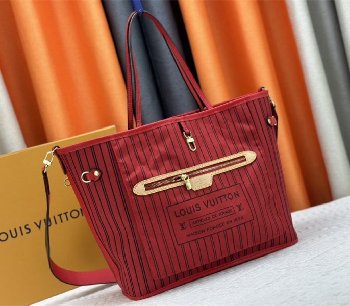 L0vis Vvtt0n Neverfull Bandouliere Inside Out MM Tote In Monogram Canvas And Rouge Sari Textile
