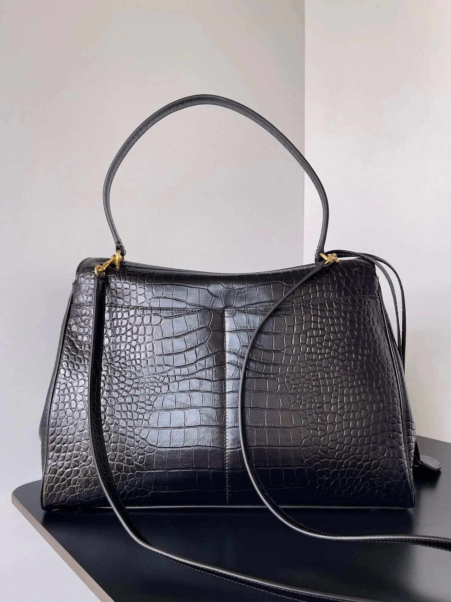 Knockoff Ba1en*iaga Rodeo Large Bag Black Crocodile Embossed Calfskin