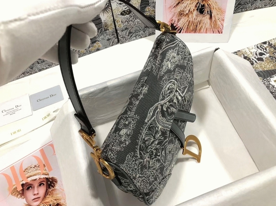 D10r Saddle Bag Faux in Grey Toile de Jouy Reverse Jacquard