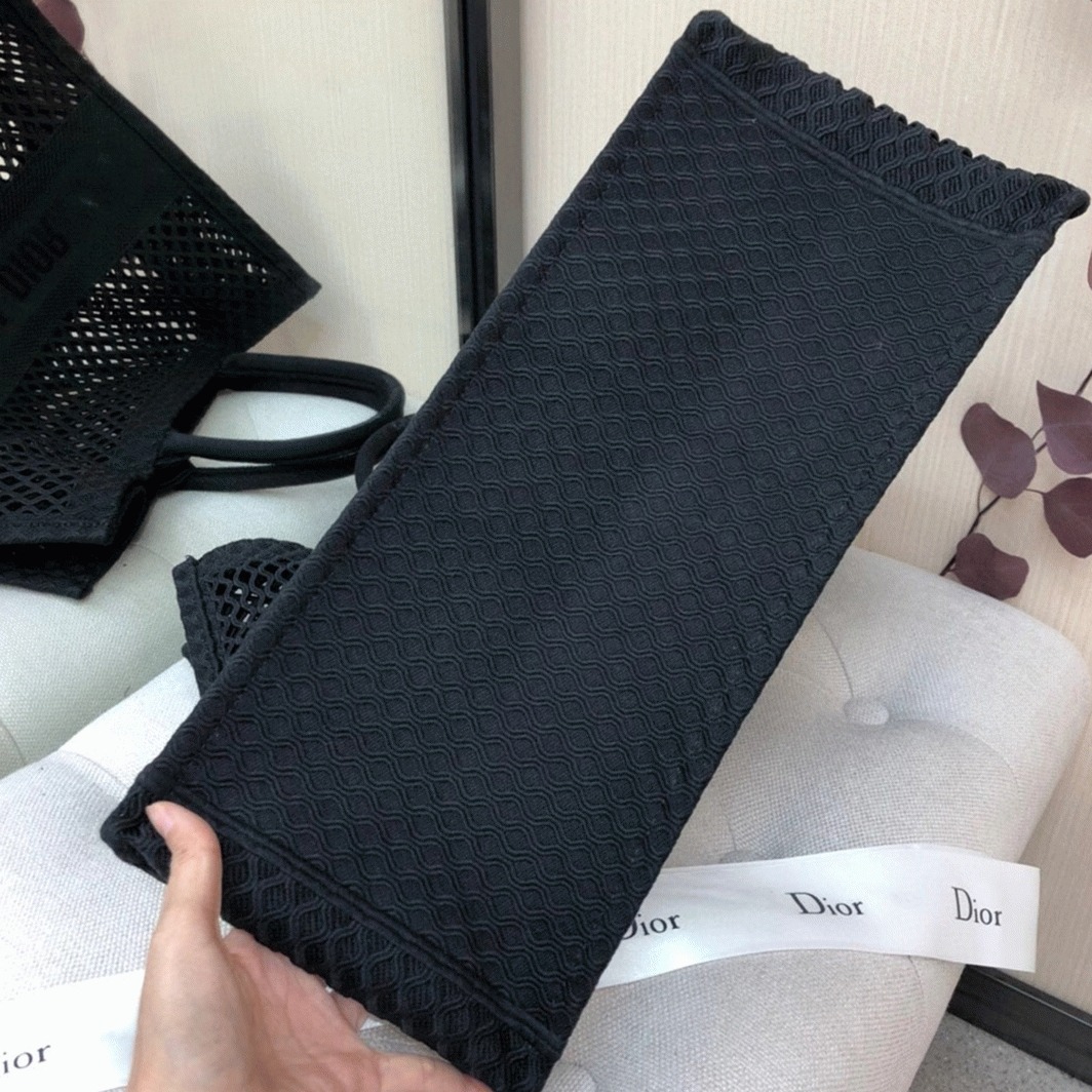 D10r Large Book Tote Bag Knockoff in Black Mesh Embroidery