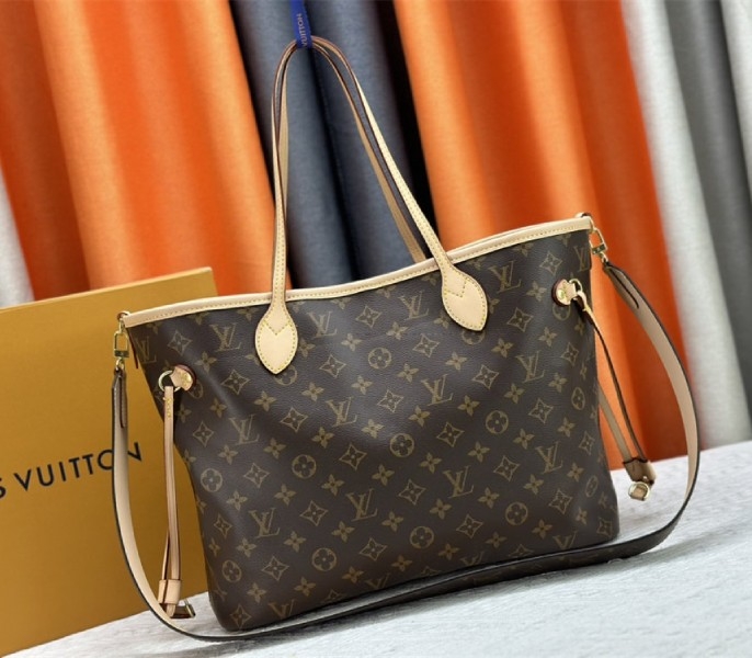 L0vis Vvtt0n Neverfull Bandouliere Inside Out MM Tote In Monogram Canvas And Stamped Beige Textile