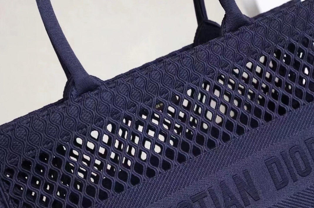 D10r Large Book Tote Bag Replica in Blue Mesh Embroidery