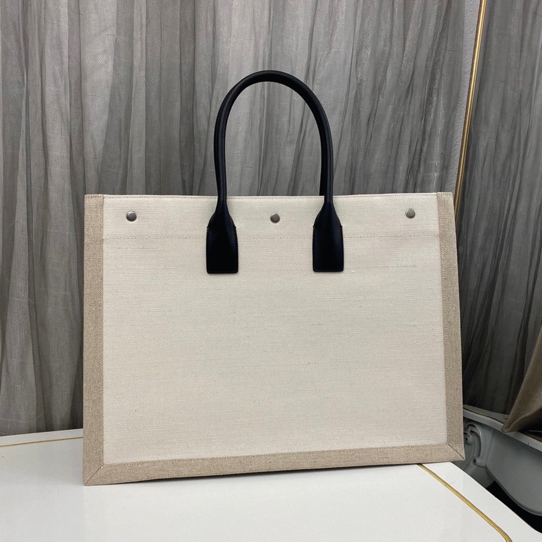 Knockoff Sa1nt Lau*nt Rive Gauche Tote Bag White Linen and Black Leather