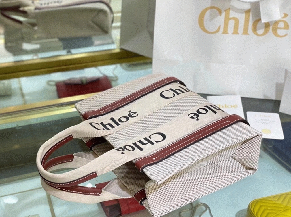 top quality replica Ch10e small woody tote bag in canvas with camel leather strips