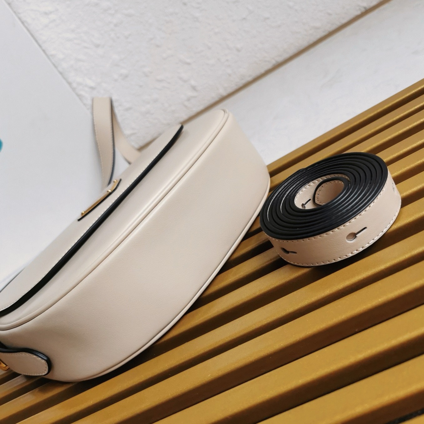 Beige Pra*a Arque Shoulder Bag with Flap Knockoff
