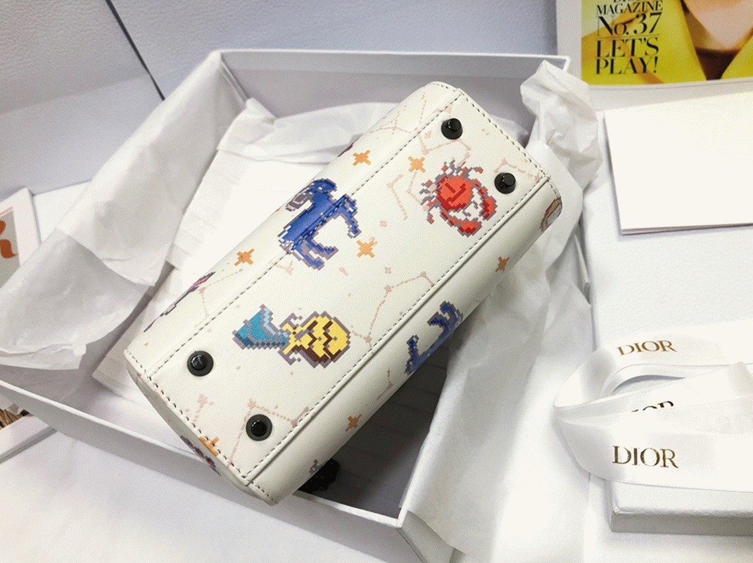 D10r Lady D10r Mini Bag Fake in White Calfskin with Pixel Zodiac Print