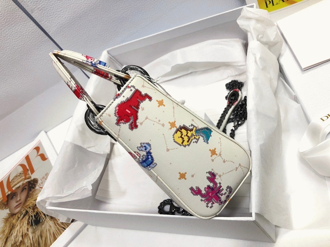 D10r Lady D10r Mini Bag Fake in White Calfskin with Pixel Zodiac Print