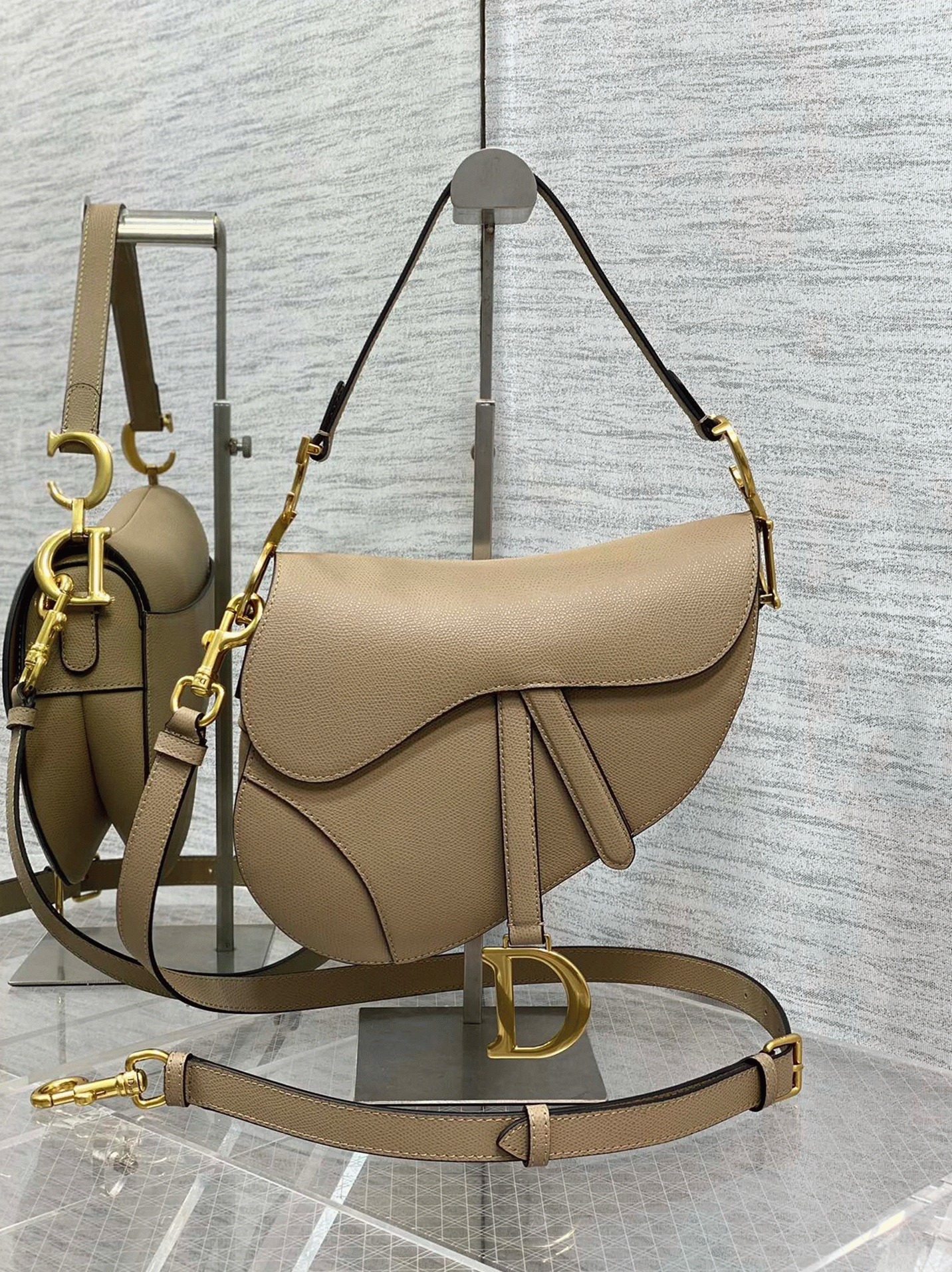 D10r Saddle Bag with Strap Replica in Sand Grained Calfskin