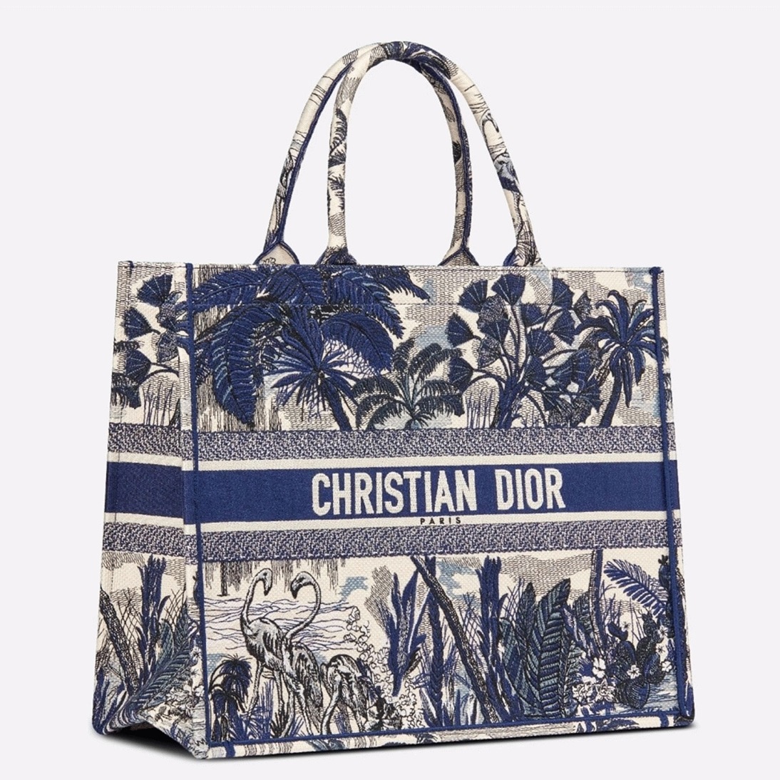 D10r Large Book Tote Bag Replica in Blue Palm Tree Toile de Jouy Embroidery