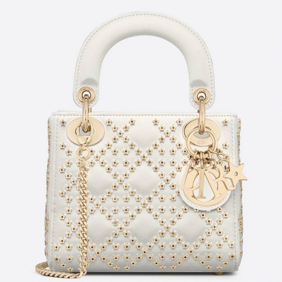 D10r Lady D10r Mini Chain Bag in White Lambskin with Star Embroidery