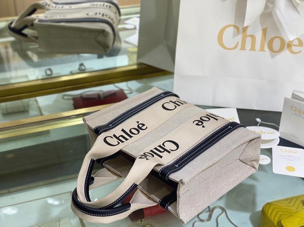 top quality fake Ch10e small woody tote bag in canvas with blue leather strips