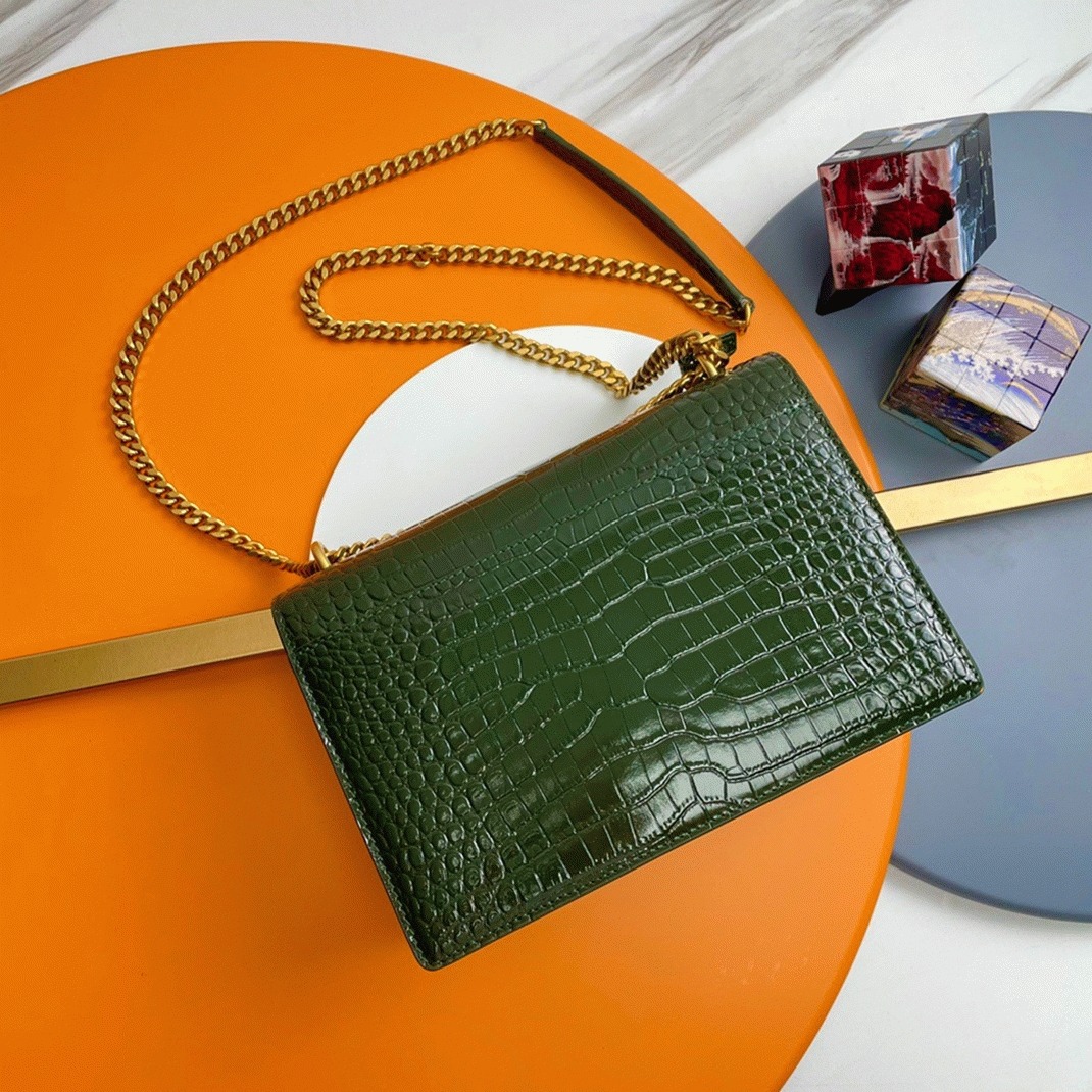 Fake Sa1nt Lau*nt Sunset Medium Chain Bag Green Crocodile-embossed Leather